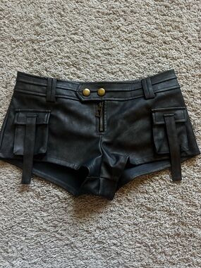Edikted Black Faux Leather Micro Cargo Shorts (S)